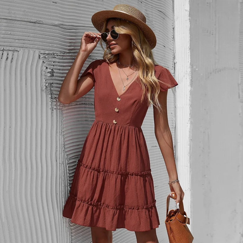 

YQ1-2026New Women's Cotton Elegant Commuter Short Dress Solid Red Mid-Waist Strap Dress