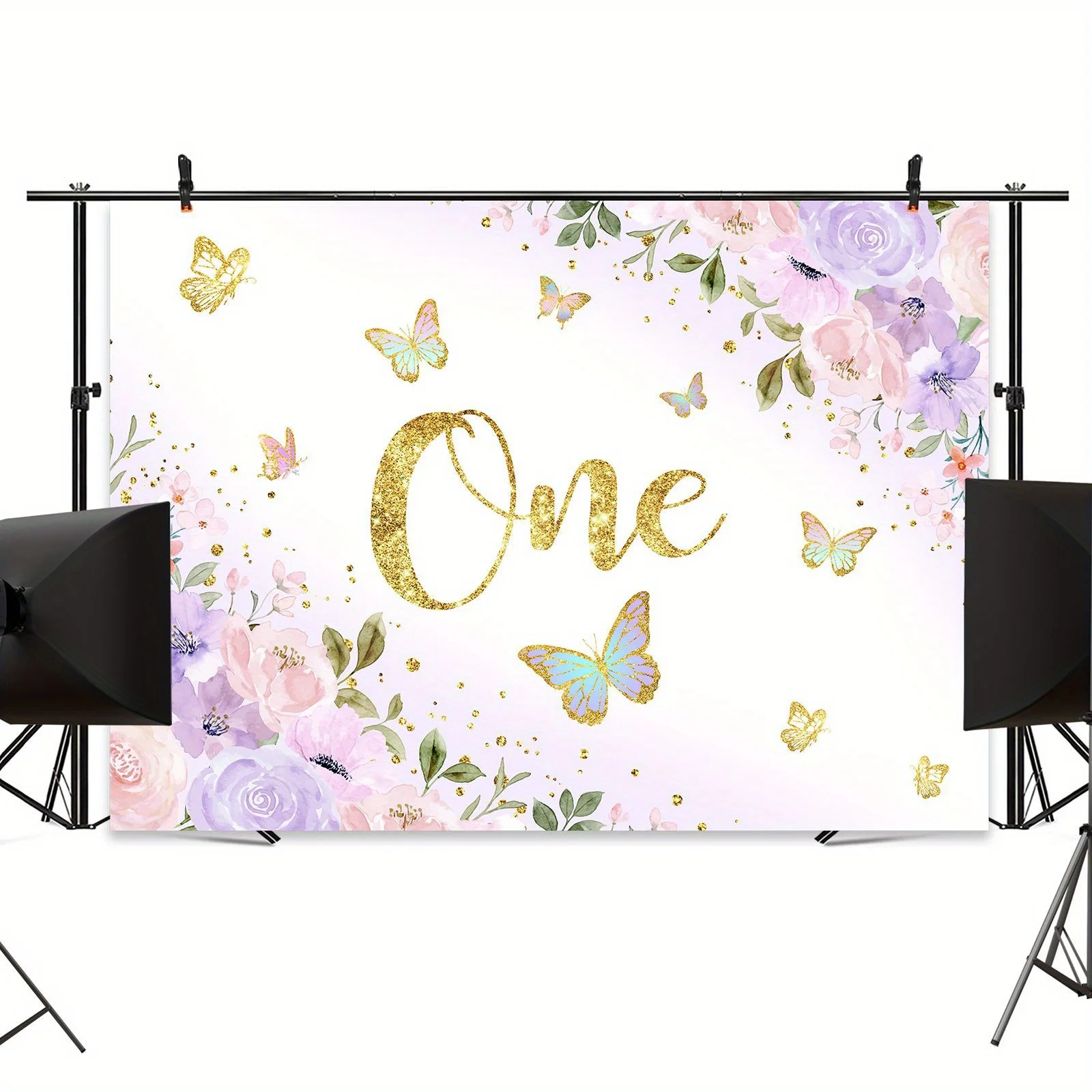 Butterfly Birthday Strap Girl Princess Watercolor Painting Gold Dot Background Banner