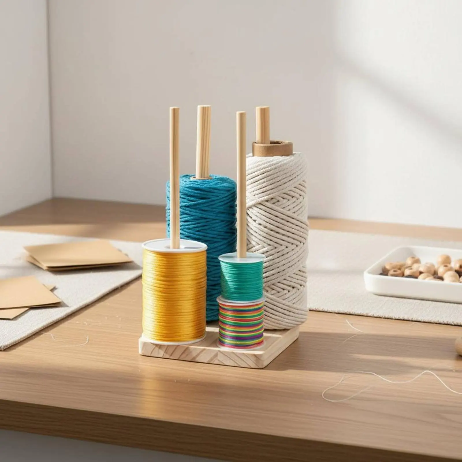 

Wooden Yarn Spool Stand Sturdy Wood Desktop Macrame Cord Dispenser Multi-Spindle Thread Rack Even Finish Craft Supply Organizer