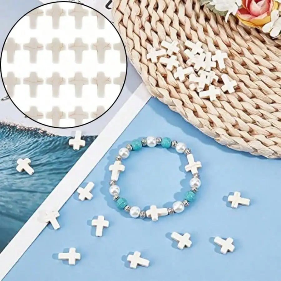 25Pcs White Turquoise Cross Beads Synthetic Turquoise Stone Bead Mini Cross Beads for Jewelry Making Adult DIY Craft