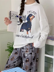 Spring Autumn Women's Pajamas Funny Dachshund Print Two Pieces Set Cotton Long Sleeve Tops Full Length Pants Sleepwear Loose 499