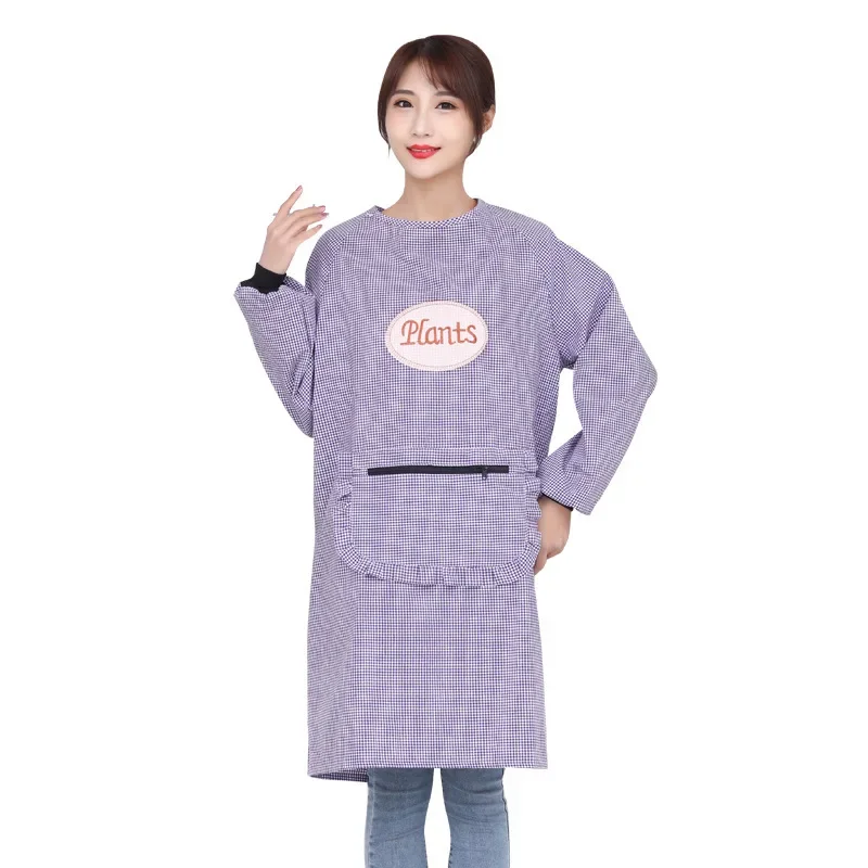 Household Kitchen Cleaning Baking Cooking Cotton Plaid Long Sleeve Apron Women\'s Waterproof Oil Proof Coverall Adult Fashion