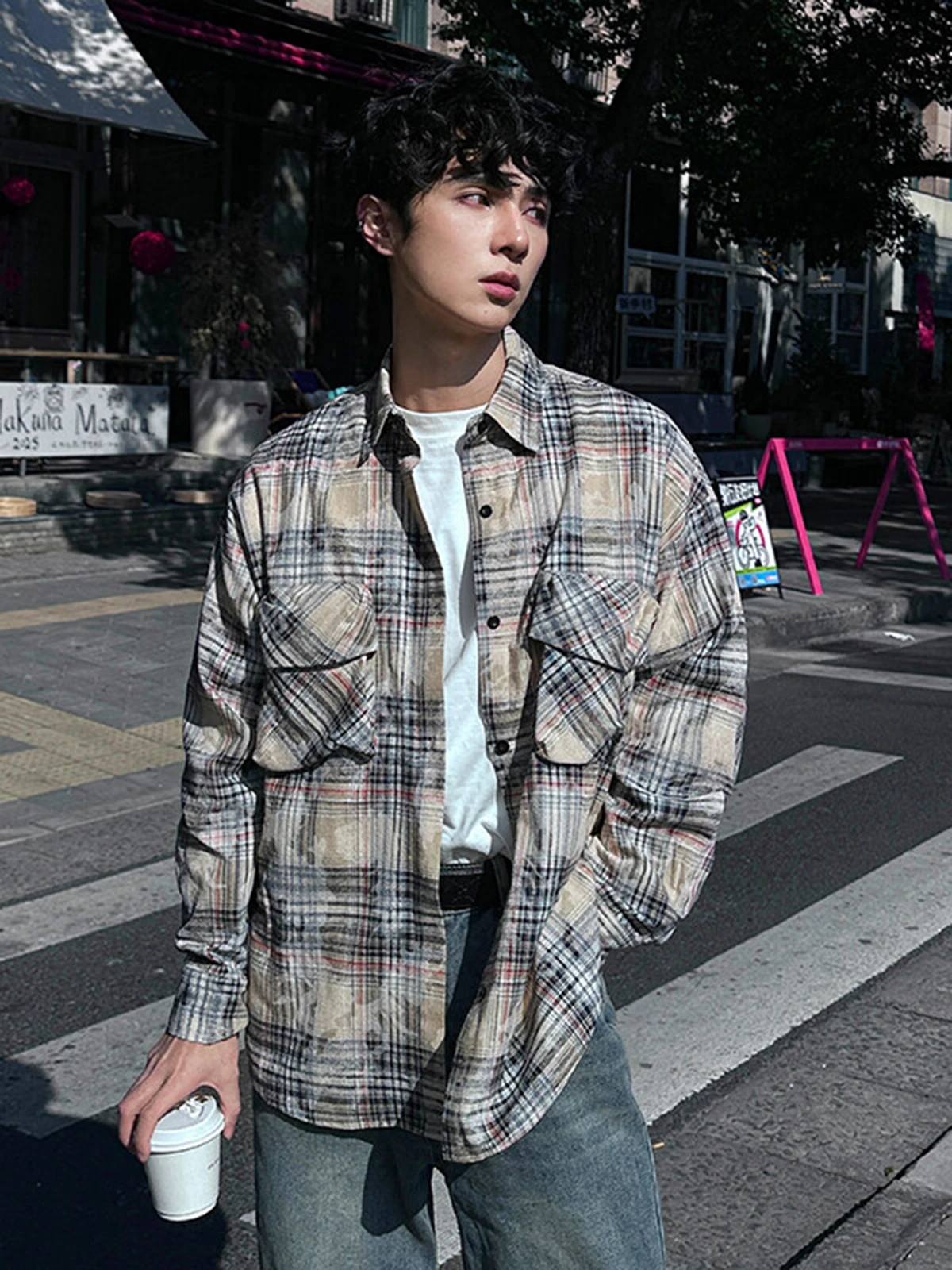 

Khaki Plaid Long Sve Men's irt Jaet Vintage Dyed Spring Japanese Sle Loose Fit Youth Trend Casual Classic Collar