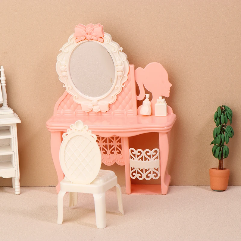 Tocador de simulación en miniatura para casa de muñecas, juego de mesa y sillas de maquillaje, muebles, modelo de decoración para el hogar, accesorios para casa de muñecas, 1:12