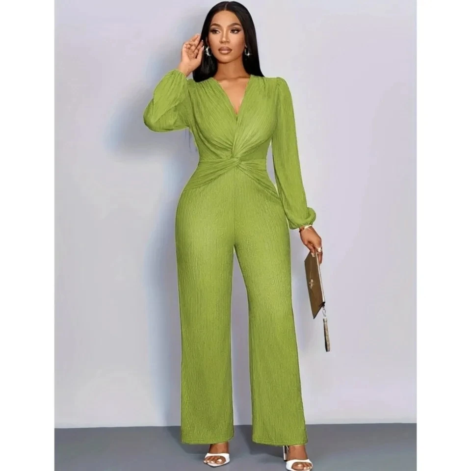 

Spring Autumn Solid Color V-neck Long Sleeve Slim Women Jumpsuit Fashion Waist Wrinkle Wrinkled Elegant Female Chic Jumpsuit