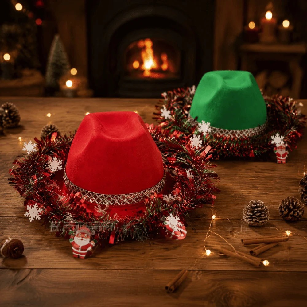 Ribbon Decoration Christmas Cowboy Hat Sunscreen Snowflake Cowgirl Hat Vintage Santa Claus Design Wide Brim Hat Music Festival