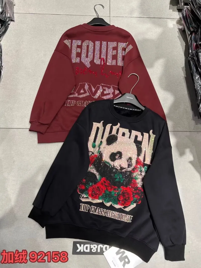 Sudaderas de lana gruesa con taladros de diamantes de industria pesada para mujer, Sudadera holgada mediana y larga con cuello redondo y Panda de dibujos animados