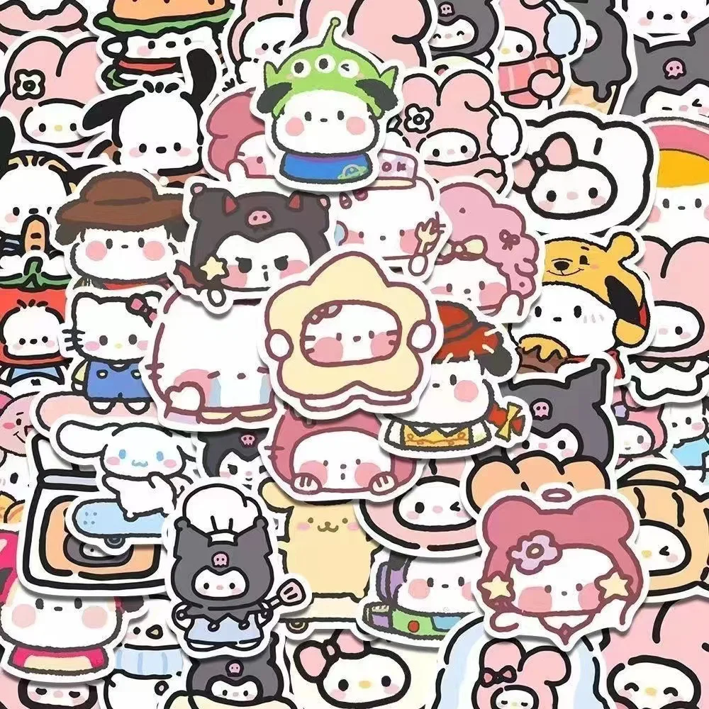 สติกเกอร์ Sanrio ภาพวาดด้วยมือ100ชิ้นสติ๊กเกอร์ตกแต่งลายการ์ตูนน่ารักสมุดโน้ตบัญชีแยกประเภทน่ารักสติกเกอร์ตกแต่งไขว้ Kuromi Cinnamoroll