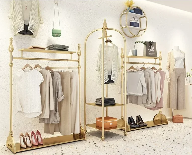 Clothes store display rack Floor type women's clothing store display rack Hanging rack Gold European style clothes rack