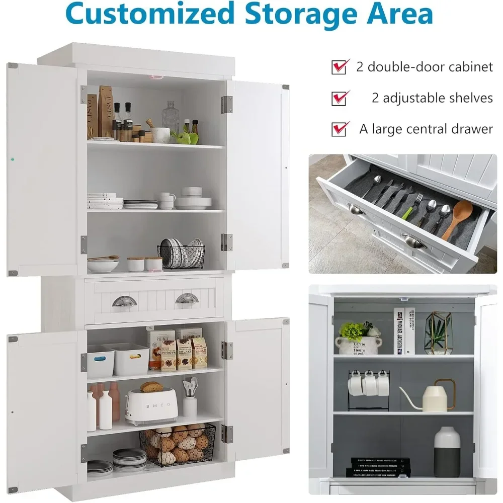 72" Freestanding Kitchen Pantry Storage Cabinet with Doors and Adjustable Shelves,Storage Cupboard with Large Drawer for Kitchen