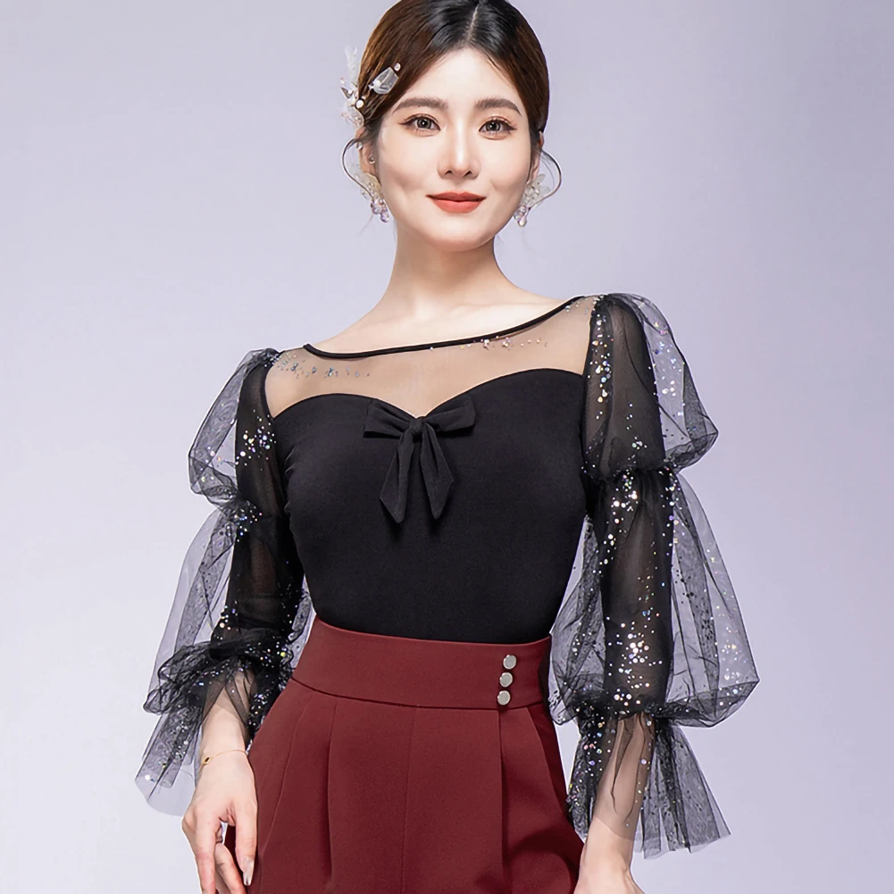 Фиолетовая одежда, новая женская тренировочная одежда, топ с длинными рукавами и круглым вырезом, черная синяя рубашка для танцев самбы, сетка