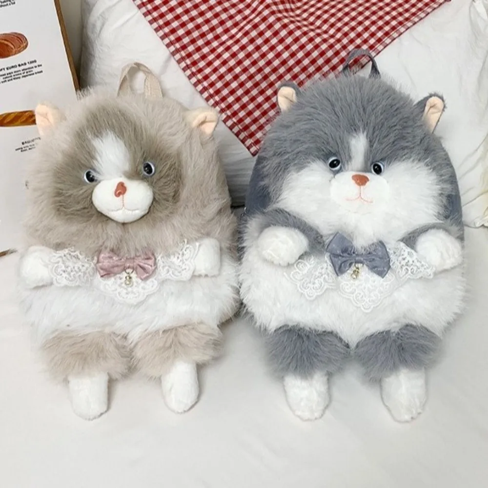 Cute Soft Fluffy Cat Backpack Polyester Lining Large Capacity Rucksack Realistic 3D Shoulder Bag Travel