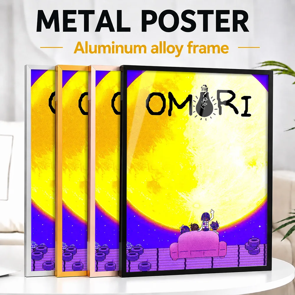OMORI Group On Couch Moon Framed Metal Poster Customized Comic Style Wall Art For Entertainment Room, Gaming Enthusiast Gift