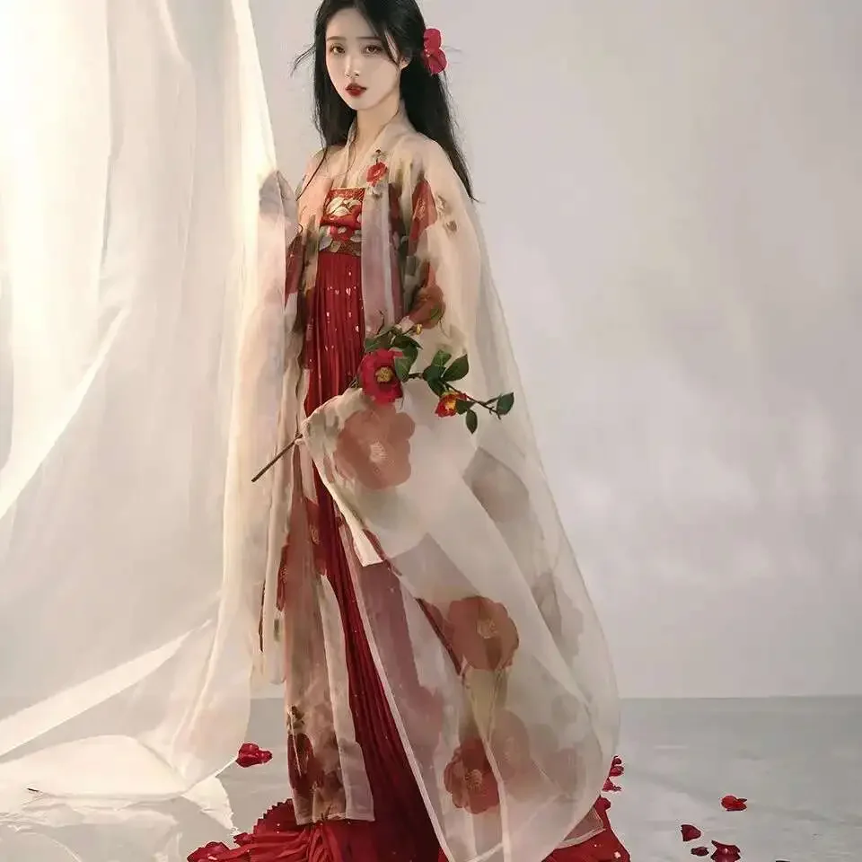 

Chinese Hanfu Dress Ancient Women Camellia embroidered print big sleeve dress Costume Hanfu Full Set