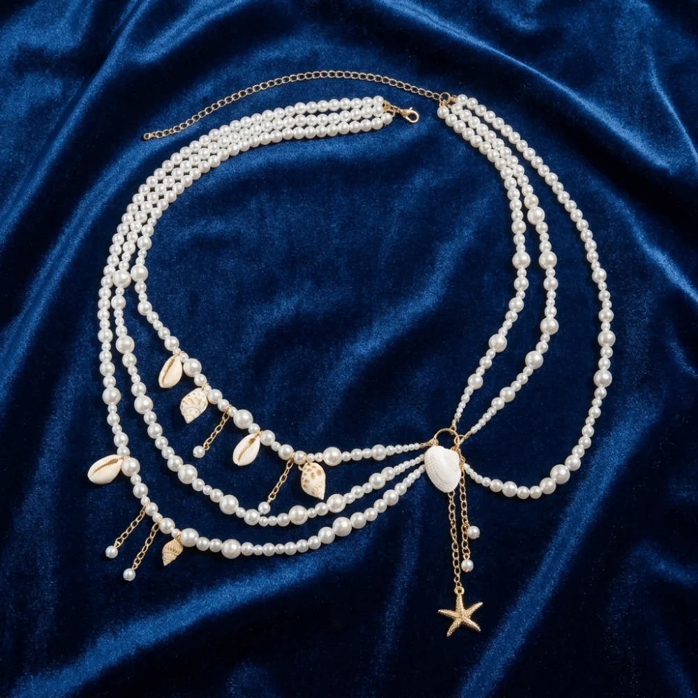 Multilayer Pearl Waist Chain Starfish Shell Pendant Tassel Body Chain Belt Stylish All-match Waist Accessories Beach Vacation