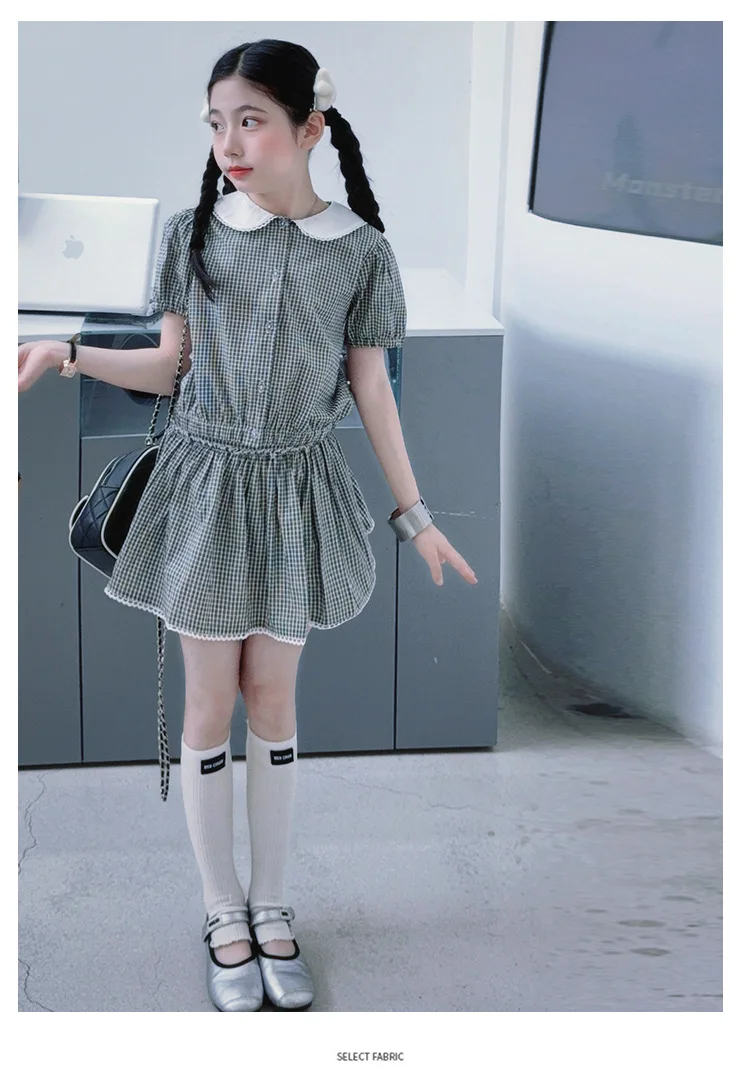 2026 New Teenage Casual Plaids  Clothing Suits,  Baby Girls Fashion 2 Piece Sets,  Top + Skirts   5 -12 T