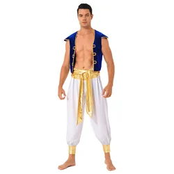 Męski perski arabski kostium Prince King strój Cosplay sweter kamizelka arabska kamizelka z krótkim rękawem i spodniami Bloomers z paskiem