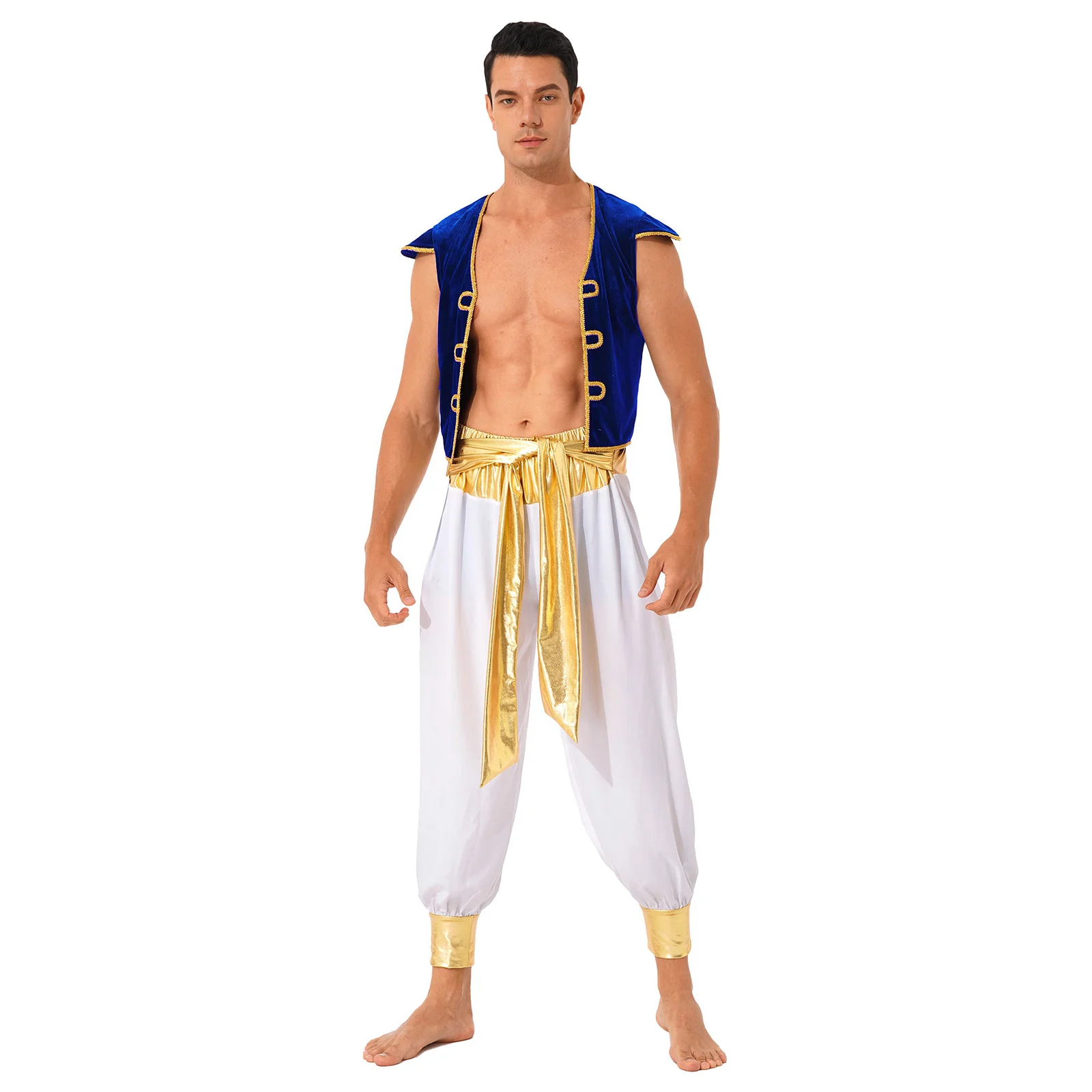 Mens Persian Arabian Costume Prince King Cosplay Outfit Cardigan Waistcoat Arabian Cap Sleeve Vest with Belted Bloomers Pants