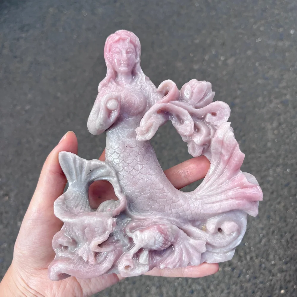 1PCS Natural Pink Opal Mermaid Statue Carving Crystal Reiki Healing Fengshui Stone Home Decorative Artwork Ideal Holiday Gift