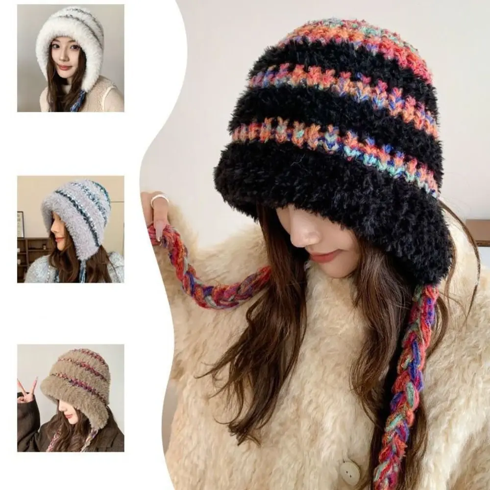 Fashion Korean Style Ear Protection Hat Soft Windproof Pullover Hats Strap Design Keep Warm Knitted Warm Hat Autumn and Winter