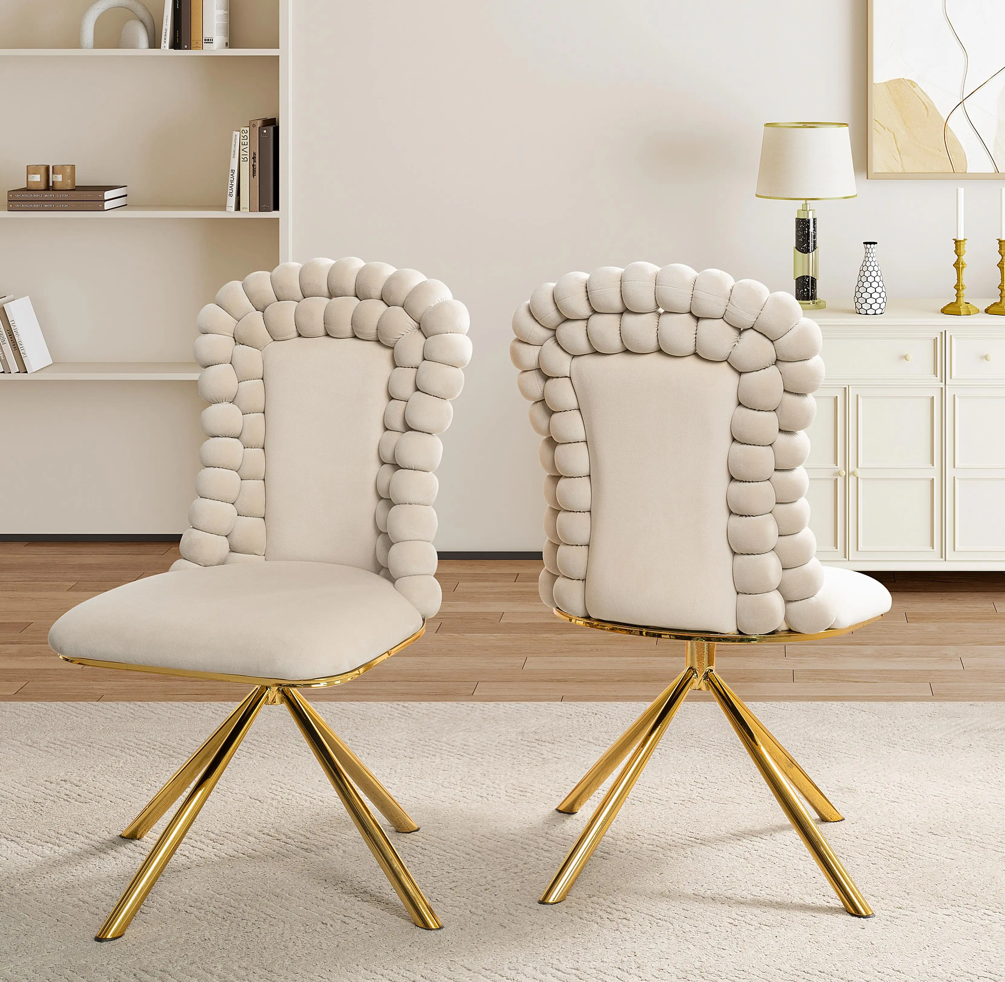 كراسي مخملية مكونة من قطعتين - 360 درجة °   كراسي تناول الطعام المنجدة الدوارة مع أرجل معدنية ذهبية لغرفة النوم وغرفة المعيشة وتناول الطعام