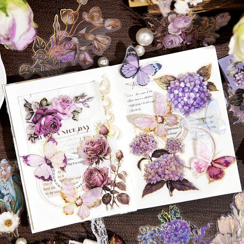 20 Pcs Vintage Butterflies Flowers PET Stickers Pack DIY Diary Junk Journal Decoration Plant Collage Sticker Album Scrapbooking