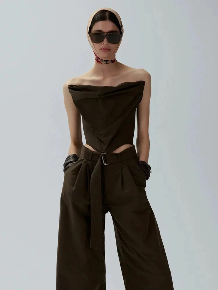 Spodnie damskie Dwuczęściowe zestawy Seksowny brązowy drapowany gorset bez ramiączek Top + spodnie Garnitury Spodnie Party Wieczór Celebrity Set