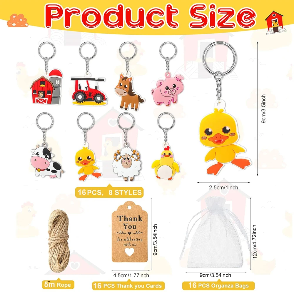 16 set  farm animal party gifts with keychain kraft paper label white transparent hard gauze bag birthday school carnival reward