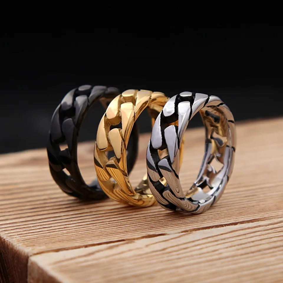 Simple Vintage Hollow Cuban Chain Ring 316L Stainless Steel Punk Hip Hop Biker Rings For Men Women Amulet Jewelry Gift Wholesale