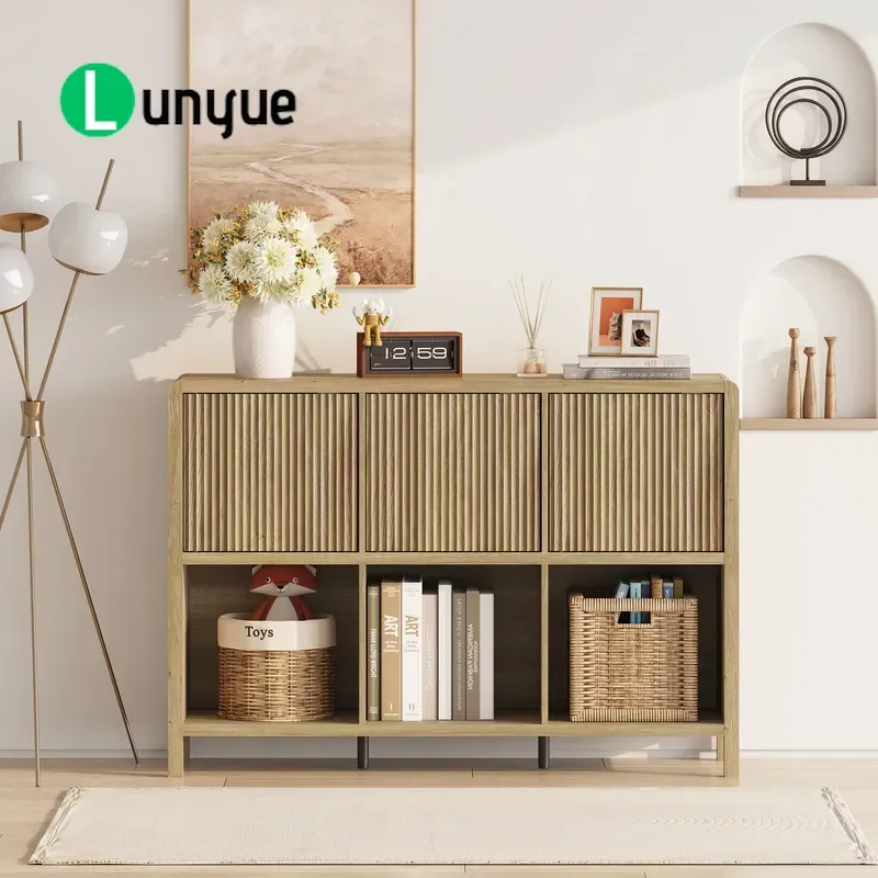 Nordic Modern Solid Wood Bookcase Modular Vertical Groove Door Durable Storage Cabinet for Living Room Bedroom Home Furniture