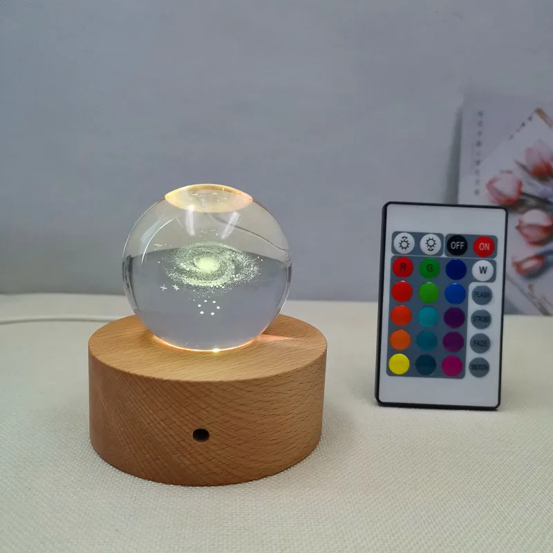 Usb Beech 3cm Base 3d Crystal Ball Crafts Night Light Customized Led Nightlight Remote Control Colorful Solid Wood 3d Led Lamp