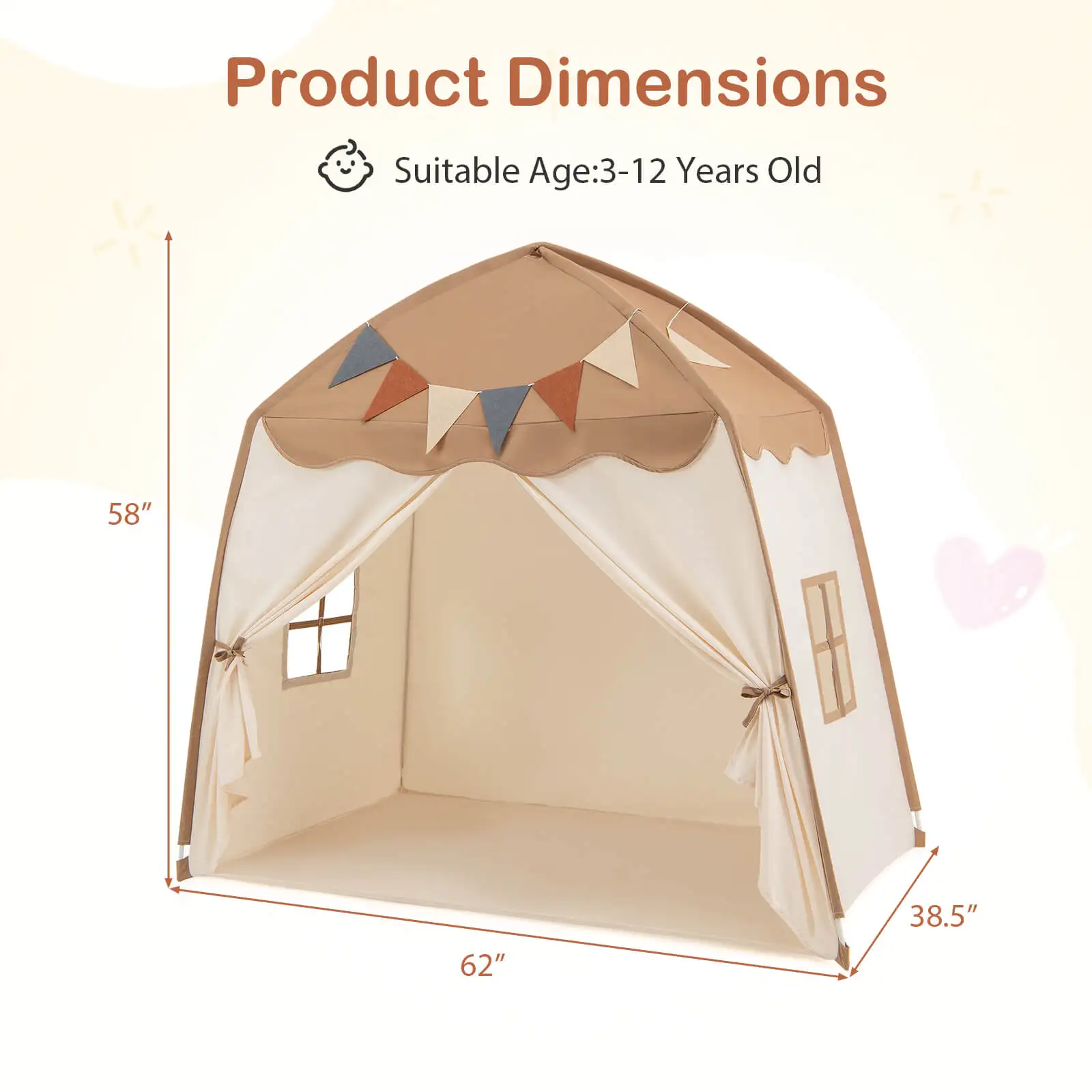 Kids Play Tent w/Flags and Globe String Lights for 3-12 Years Old Indoor Outdoor