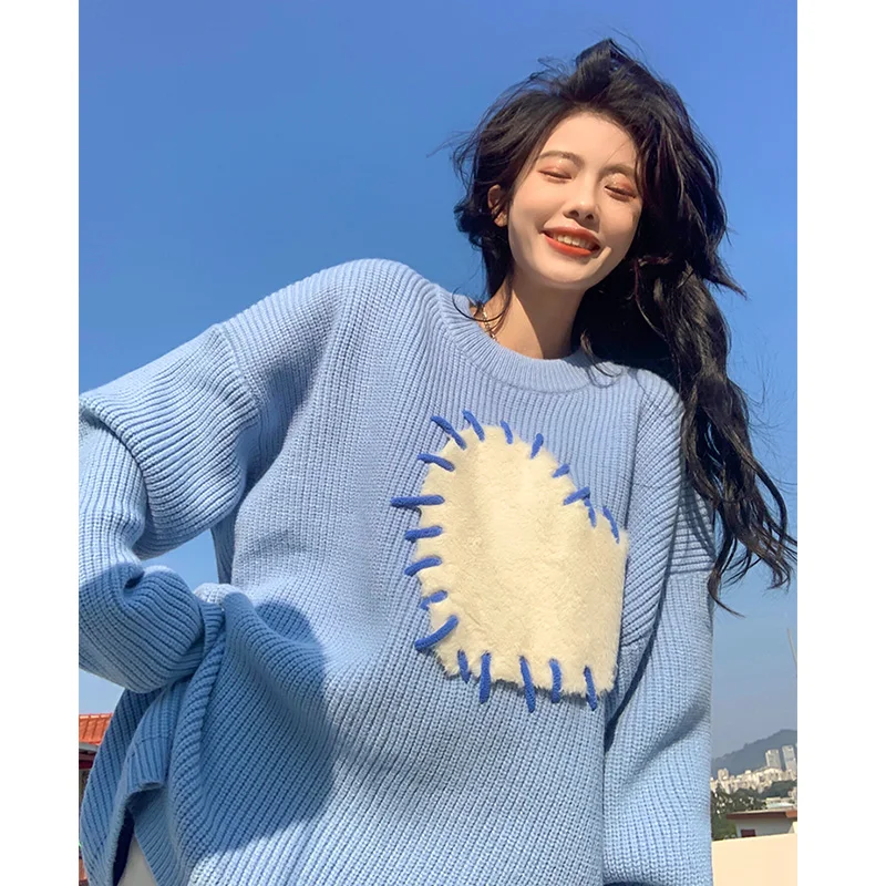 Women\'s Blue O-Neck Pullover Knit Sweater Harajuku Y2k Long Sleeves Loose Sweater Vintage 90s 2000s Aesthetic Fashion Clothes