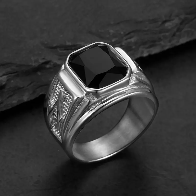 Gold Colour Black Glass Freemason AG Geometric Rings Stainless Steel Hip Hop Men Personalized Fashion Ring Classic Jewelry