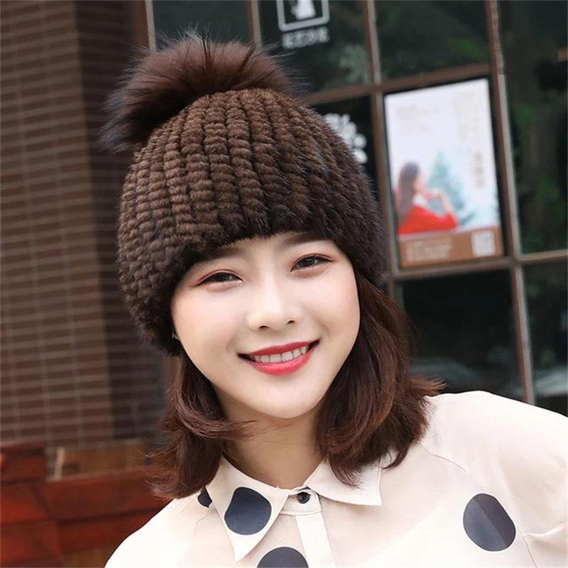 Winter Hot Sale Real Mink Fur Hat For Women Knitted Mink Fur Ear Warm Cap The Spiral Beanies Cap With Fox Fur Pompom On The Top