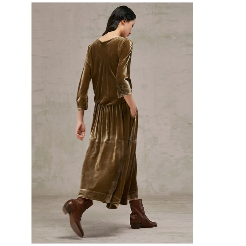 Silk Velvet Seven-quarter Sleeve Dress Spring Autumn Ladies Soft Luster Hanging Large Swing Skirt Temperament Elegant Clothing