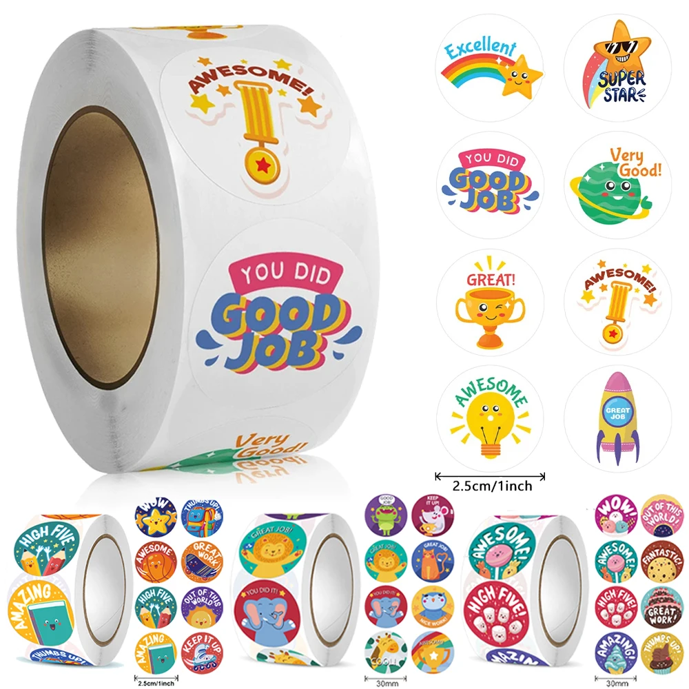 Rouleau d'autocollants de récompense mignons avec mot, autocollants de motivation pour les enseignants, les enfants, les étudiants, la palissade, les jouets pour enfants, 500 pièces