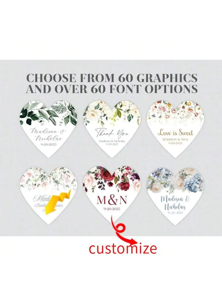 

100 шт. на заказ свадебные этикетки в форме сердца с принтом цветочной графикой, шрифты, наклейки на бутылку с водой