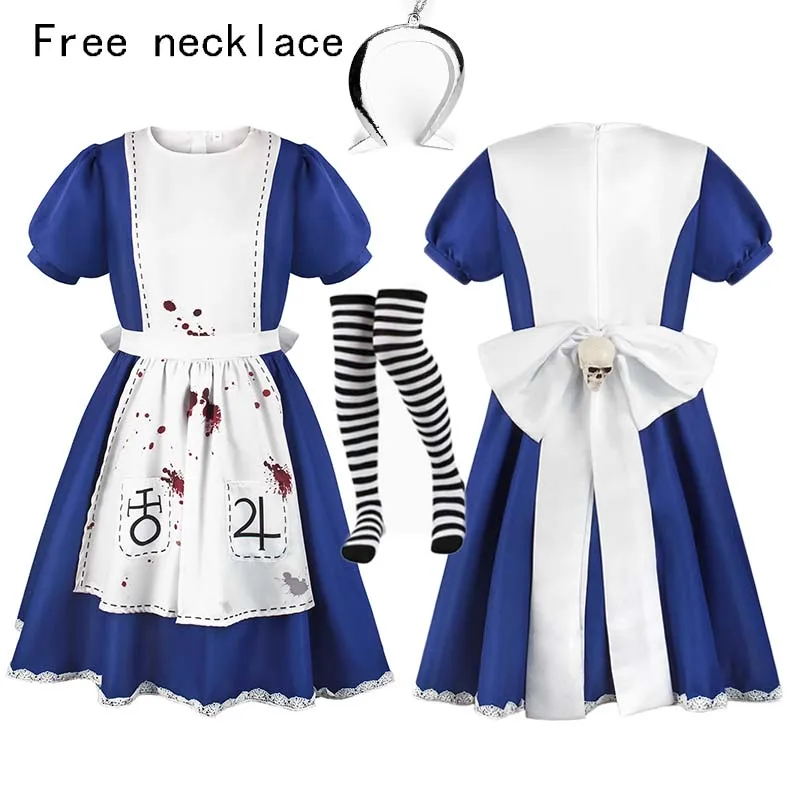 

Women's 2d Anime Alice Cosplay Costume With Necklace Alice Blue Dress Maid Apron Halloween Party Stage Performance Costume New