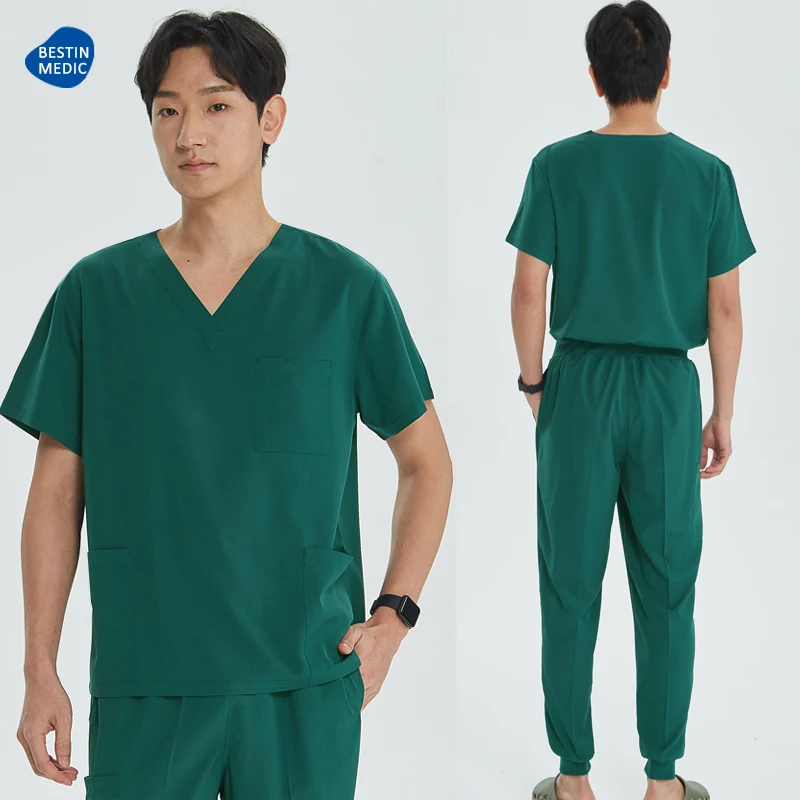 زي عمل المستشفى الأخضر بأكمام قصيرة طقم فرك سريري للنساء والرجال والممرضات برقبة على شكل حرف v سروال ركض S21