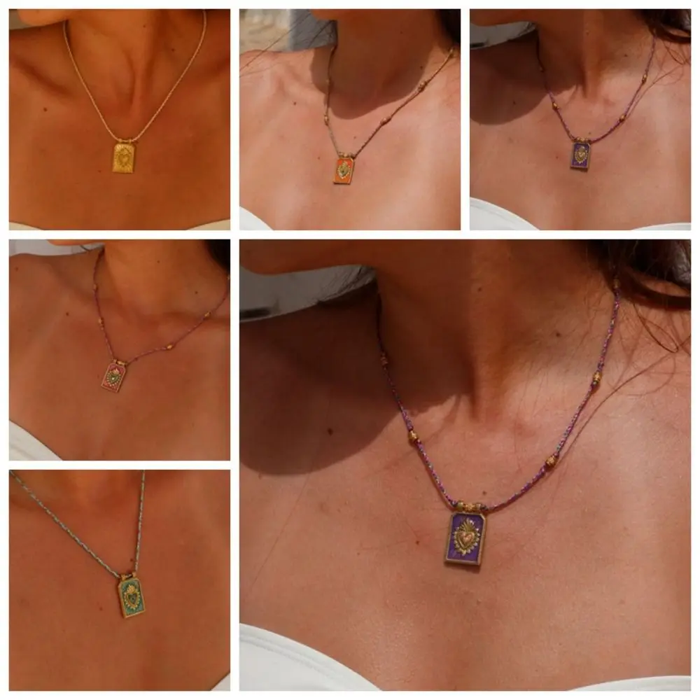 Simple Gothic Card Heart Pendant Necklace Generous Colorful Square Necklace Y2k Charm Personalized Collarbone Chain Men