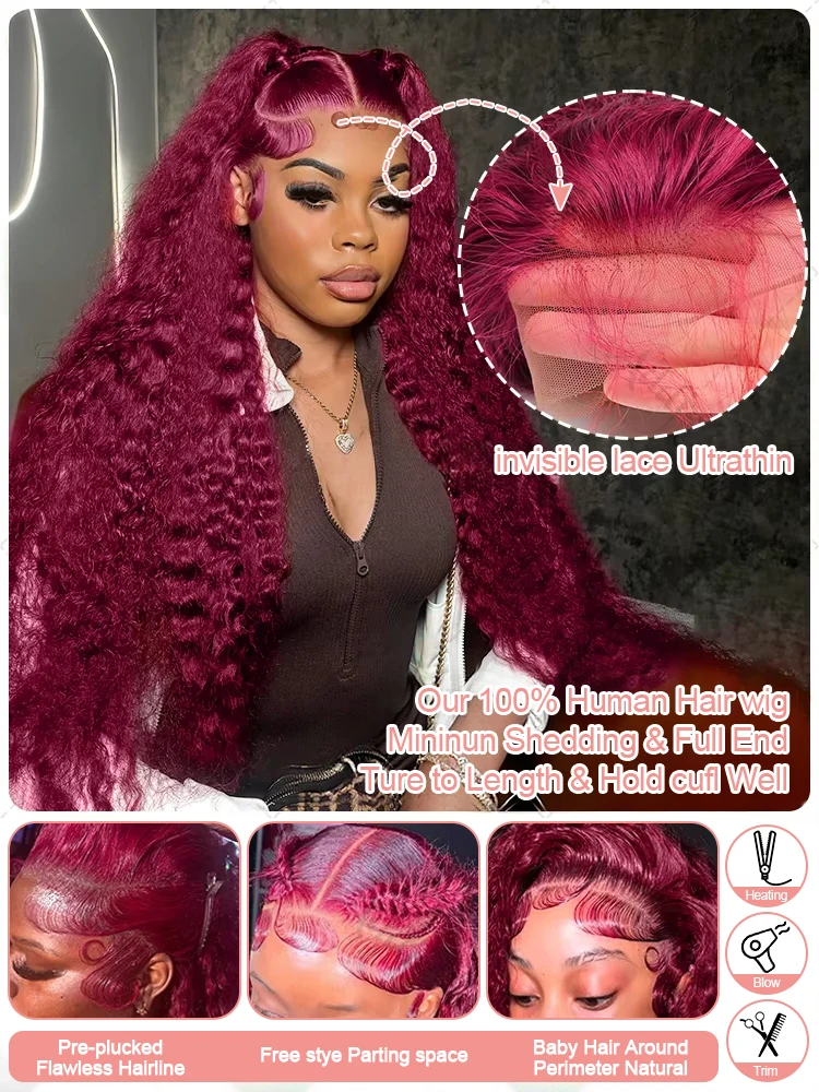 99J Burgundy Curly Wigs 13x6 HD Lace Front Human Hair Wig Pre Plucked 250% Brazilian Transparent Deep Wave Frontal Wig 30 38 Inch Red Wine Colored Water Wave Human Hair Wigs For Women image 3