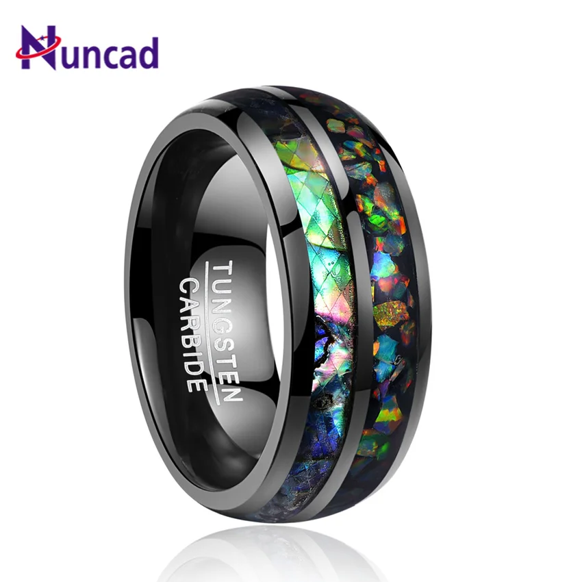 Nuncad New Fashion Hot Men Rings Electroplated Black Inlaid Shells Opal Dome Tungsten Steel Ring Size 7/8/9/10/11/12 T090R