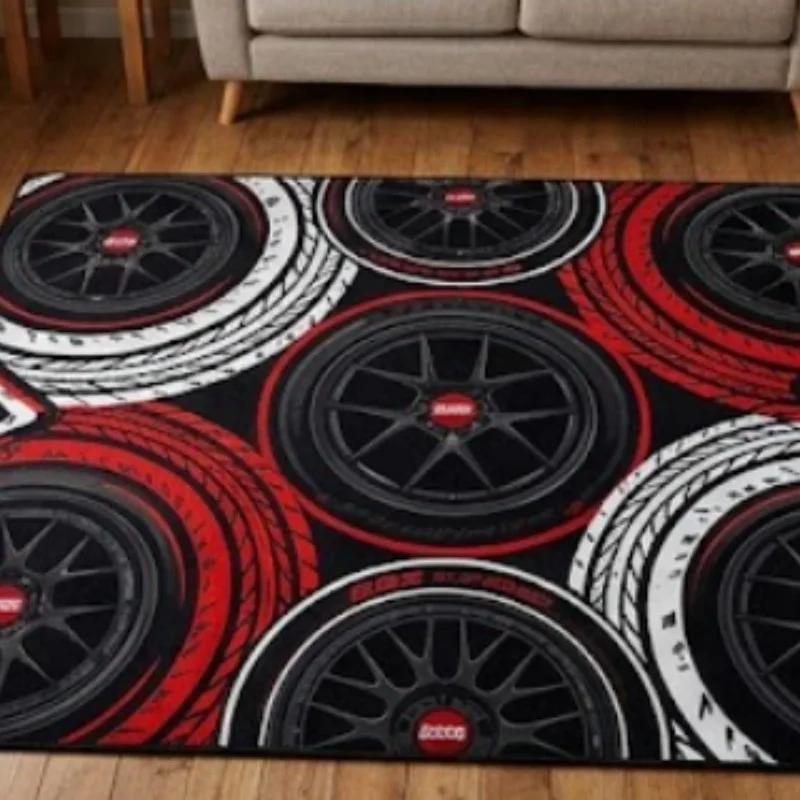 Car Wheel Hub Print Flannel Large Living Room Rug Red Black Racing Style Non Slip Washable Floor Carpet