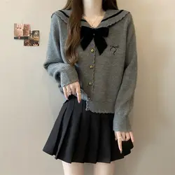 Navy collar soft waxy sweater large size bow knitted cardigan jacket top
