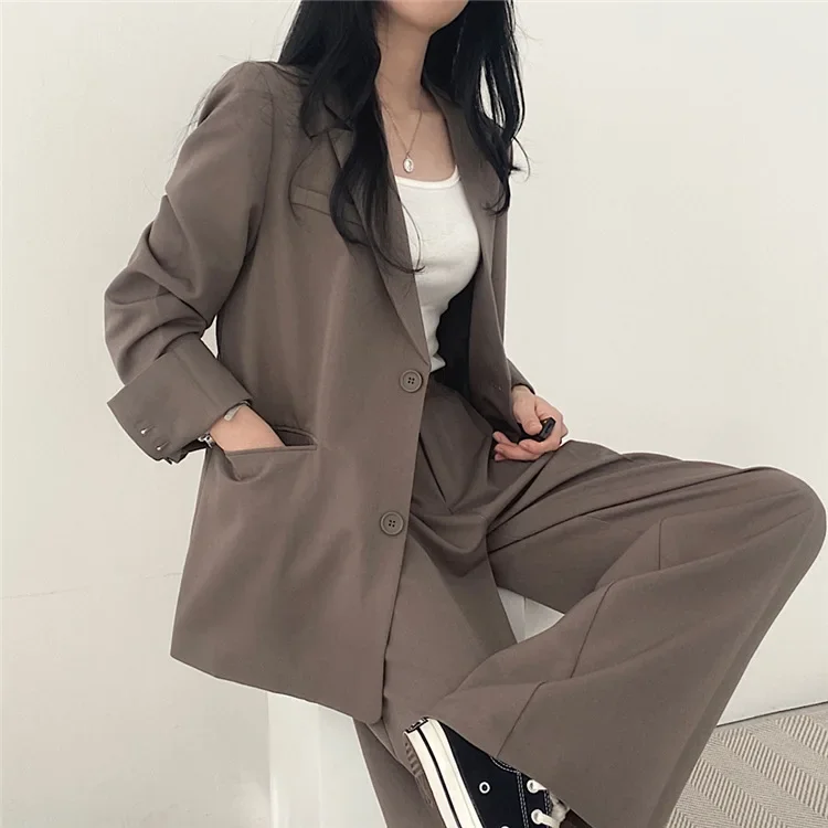 Classic Solid Color Women's Suit Set Fashion Loose Casual Design Spring Autumn Two-Piece Sets Office Long Sleeve Pocket Suits