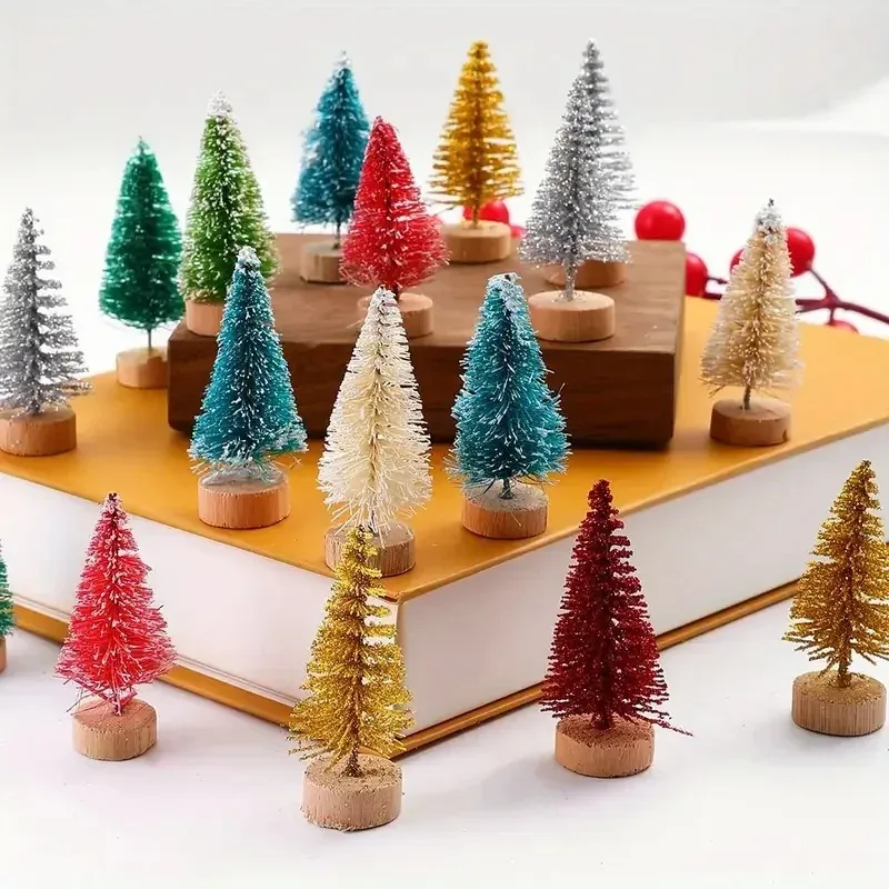 10-100PCS Mini Christmas Bottle Brush Trees Village Ornaments Plastic Trees with Wooden Base Miniature Xmas Tree Decorations Set view 3