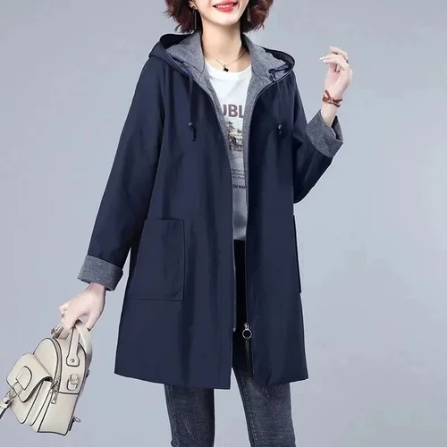Imagen 2 del producto Chaqueta informal con capucha para mujer, abrigo holgado de longitud media con bolsillo, versión coreana, primavera y otoño, 2024