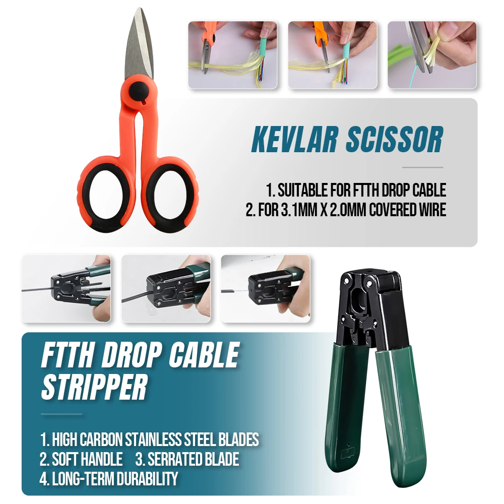 AMPCOM FTTH Fiber Optic Tool Kit with Fiber Cleaver FC-6S Visual Fault Locator Optical Power Meter Fiber Stripping Tool