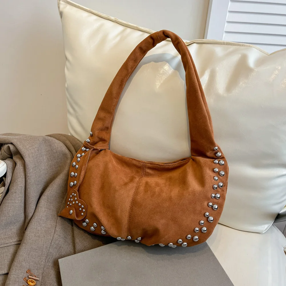 

Бархатная кожаная сумка через плечо из оленьей кожи с шипами Moon Dent, повседневная сумка-тоут Y2K, модная сумка-хобо для путешествий, работы, повседневная уличная сумка